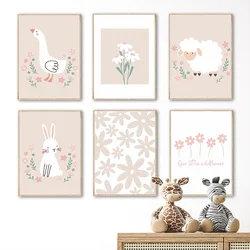 Cartoon Rabbit Goose Sheep Flower Nursery Wall Art Canvas Painting Nordic Girl Posters Prints Pictures for Baby Kids Room Decor