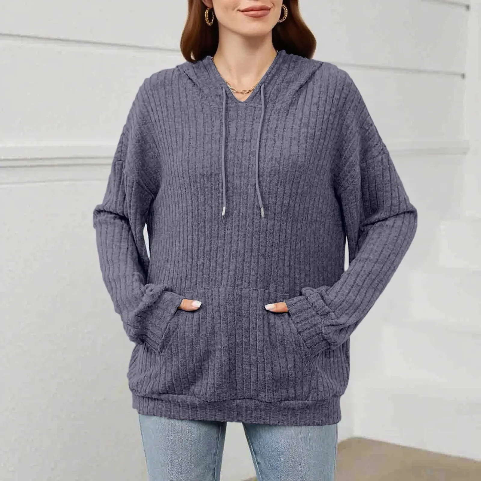 Sudadera con capucha holgada de manga larga con cordón y bolsillo para mujer, Top de Color sólido, sudaderas con capucha, ropa de invierno para mujer