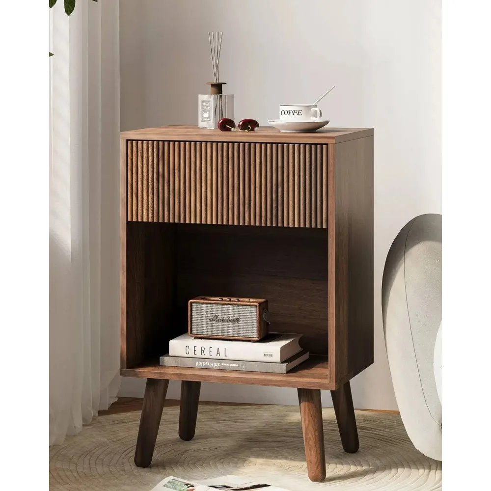 

, Modern Bedside Table with Storage Drawers and Open Wood Shelf, Night Stand with Solid Wood Legs, End Tables Side Tab