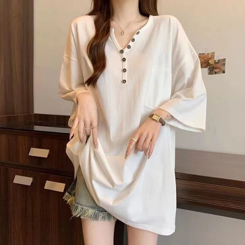 

Summer Buttons V Neck Short Sleeve Women Medium T Shirts Fashion Simple Harajuku Oversized Clothing Top Home Holiday Black Camel