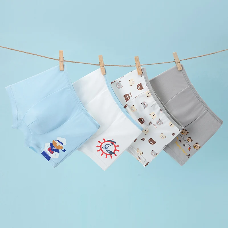 4 Pcs Children's Cute Printed Mixed Color Underwear Boy Casual Joker Elastic Waist Shorts Kindergarten Boy Comfortable Home Pant