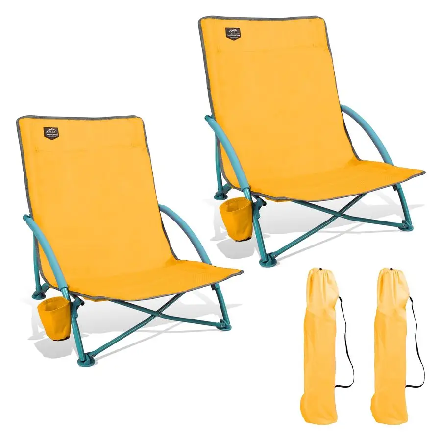 

Набор из 2 низких складных кресел для пляжа и кемпинга для взрослых, легкие походные кресла с низкой посадкой и подстаканником