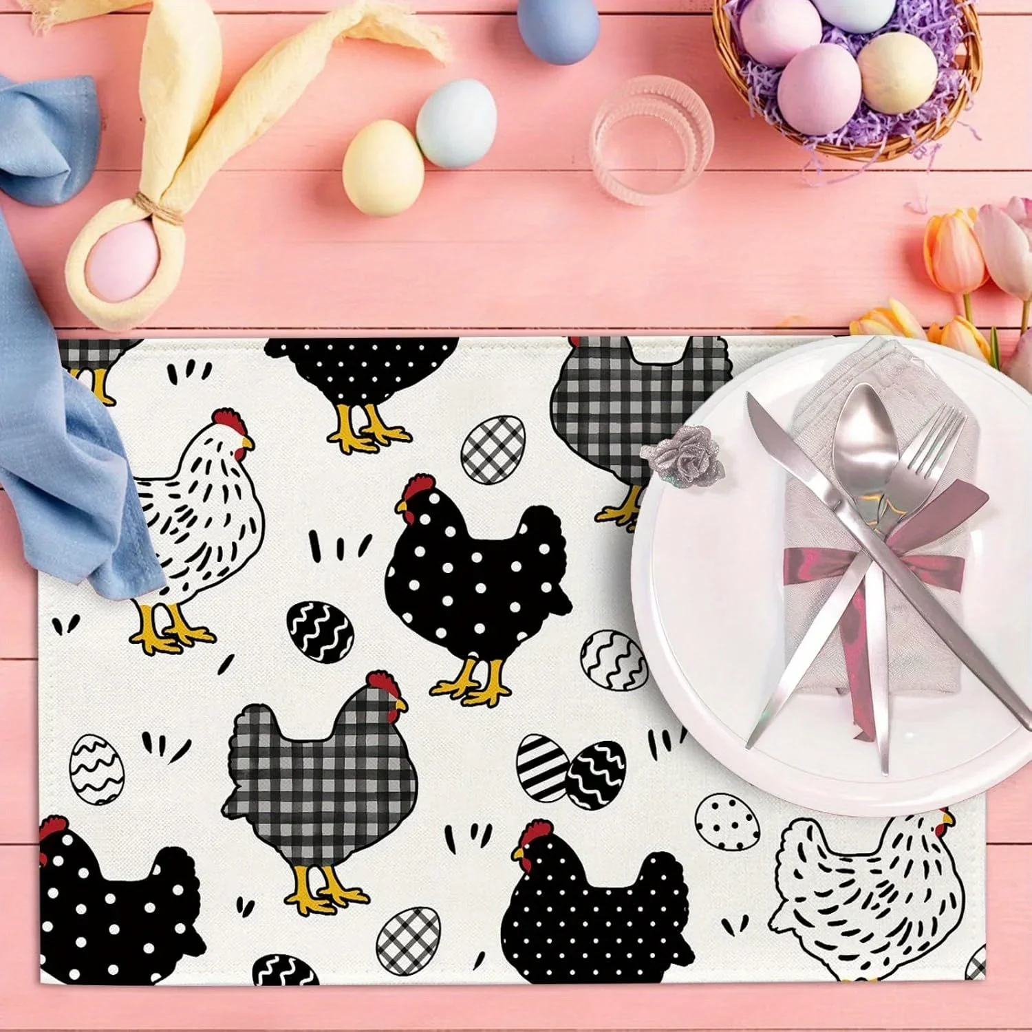 4PC Easter Chicken Hen Placemats, Easter Eggs Buffalo Plaid Polka Dots Farm Dining Table Place Mats, Spring Farmhouse