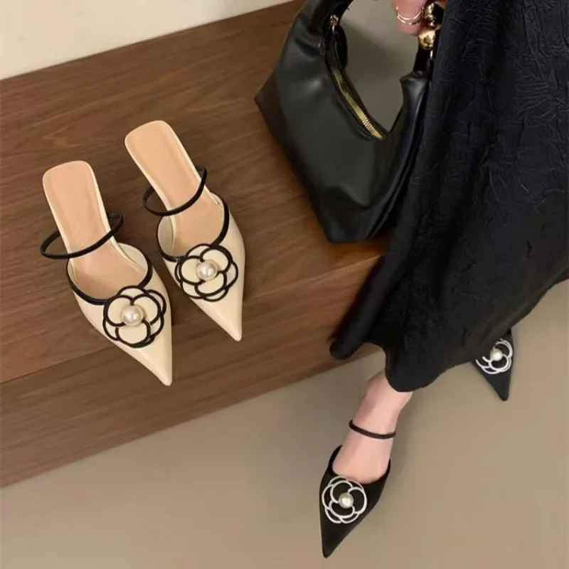 2025 Summer Women's Elegant Pointed Fashion Design Flower Women's Fine Heels Women's Sandals Dress Women's Slippers Large 42