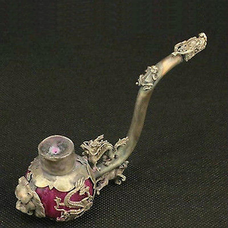

Exquisite Chinese Vintage Tibetan Silver Inlaid with Artificial Jade Handwork Dragon Smoking Pipe