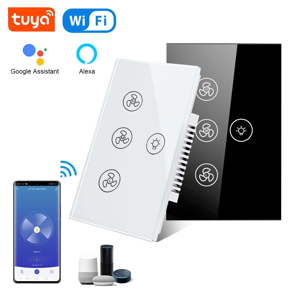 Tuya WiFi Ceiling Fan Light Smart Switch Touch Interruptor Alexa Echo Smart Life App/Voice Control Various Speed Regulation