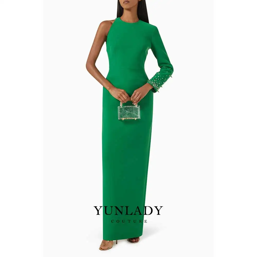 

YUNLAN Saudi Elegant Crystal One-shoulder Sleeve Crepe Evening Gown 2025 Engagement Party Guest Round Neck Maxi Formal Dresses