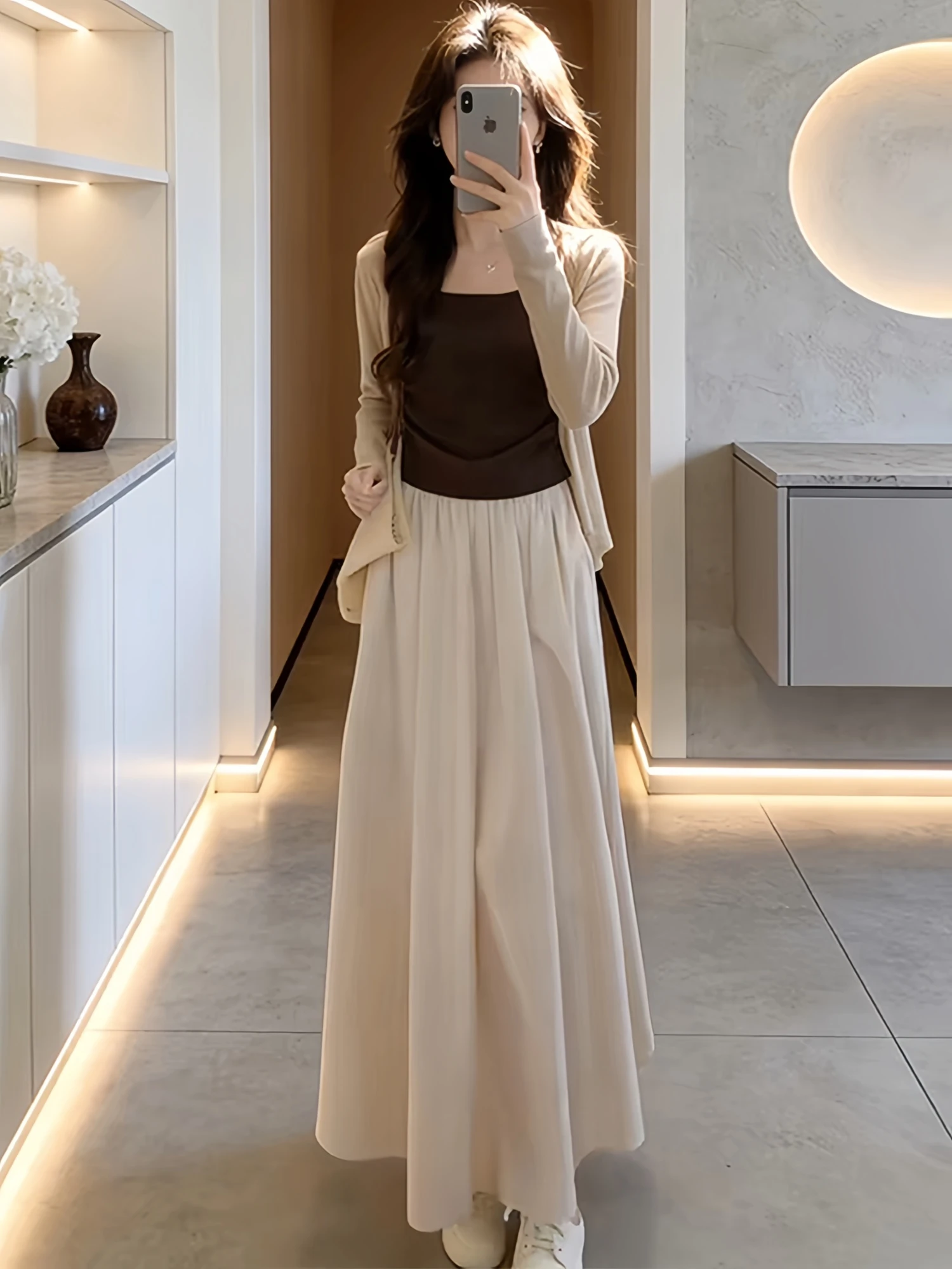 

Unique Beautiful Three-Piece Set Women's Knitted Cardigan Strap Vest Skirt Fashionable Casual Style High Waist Breathable