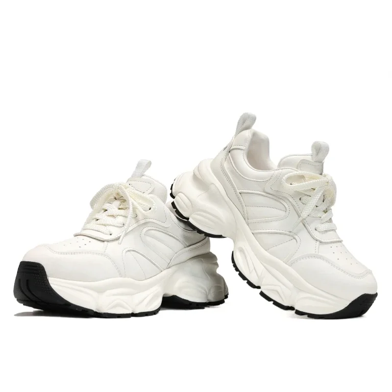 

Genuine Leather Women's Height Increasing Sneakers Thick Platform Comfortable Breathable White Sports Casual Shoes