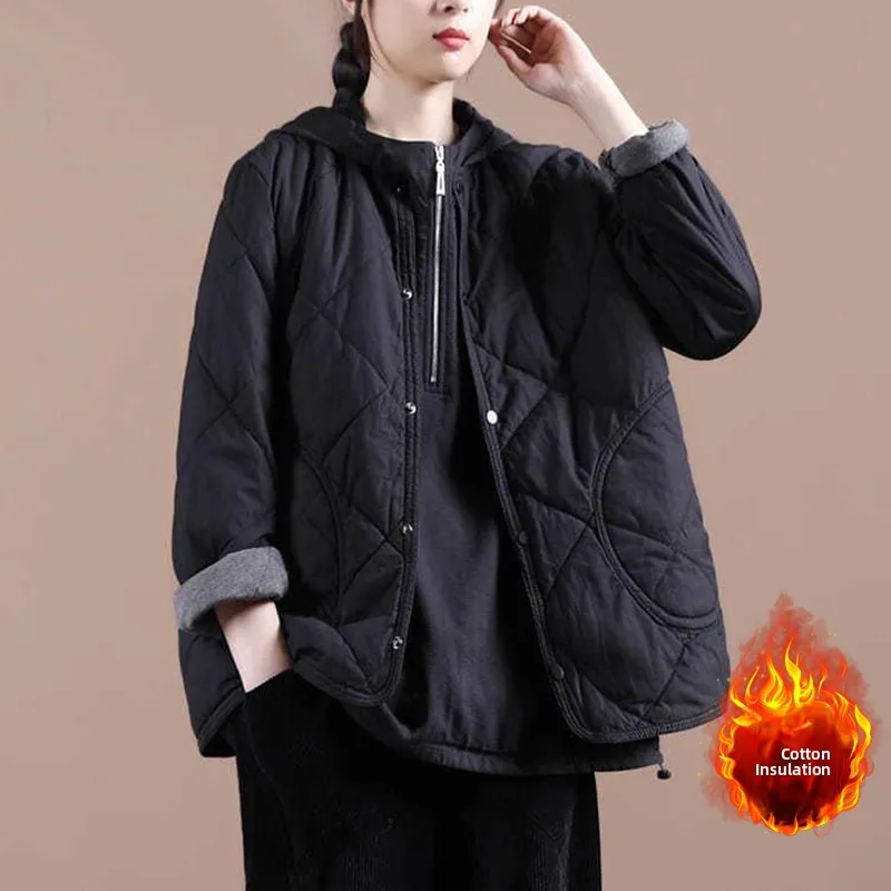 다이아몬드 패턴의 플러스 사이즈 여성용 긴 소매 스탠드 칼라 따뜻한 코트 탑, 티엔드 가을 겨울 코튼 재킷