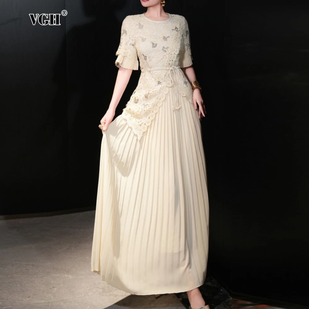

VGH French Elegant Two Piece Sets for Women O Neck Half Sleeves Patchwork Sequins Irregular Top Pleated Midi Skirt Suit Female