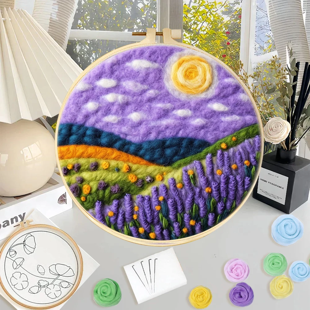 

Modern Wool Felting painting For Beginners Starter Set Diy Creative Making Wool Felt Kit lavender Landscape Picture Kit Craft