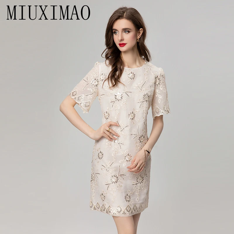 

MIUXIMAO 2024 Summer Fashion Runway Temperament Dress Women Vintage Gorgeous Floral Jacquard Zippers O-Neck Short Sleeve Dresses