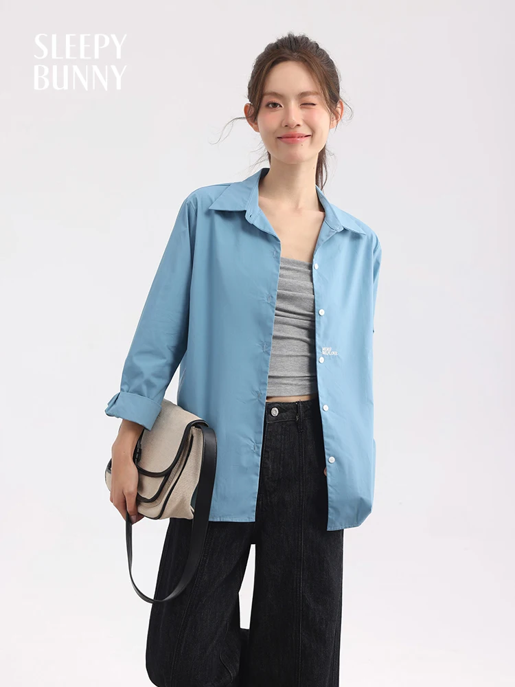 Women's Long Sleeve Blue Shirt Casual Loose Fit Spring Lightweight Button Down Top Layering Jacket Relaxed Fit Office Outerwear