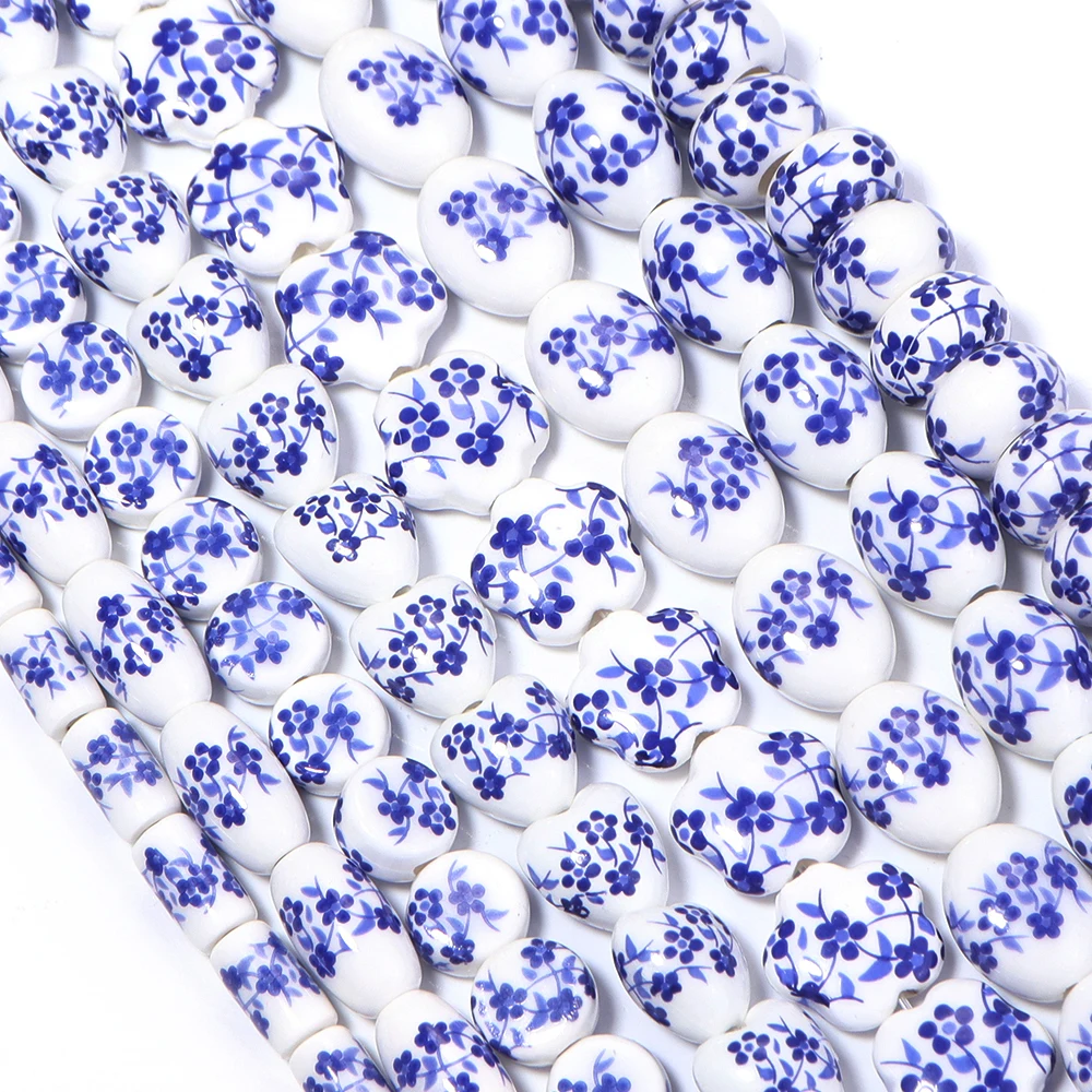 10pcs/lot Ceramic Beads Plum Flower Printed Loose Spacer Beads for DIY Jewelry Making Necklace Bracelet Accessories