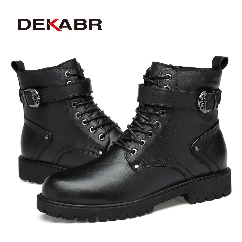 DEKABR Men Genuine Leather Lace-up Ankle Boots High Quality Winter Motorcycle Boots Men Safety Work Shoes Punk Style Men Boots