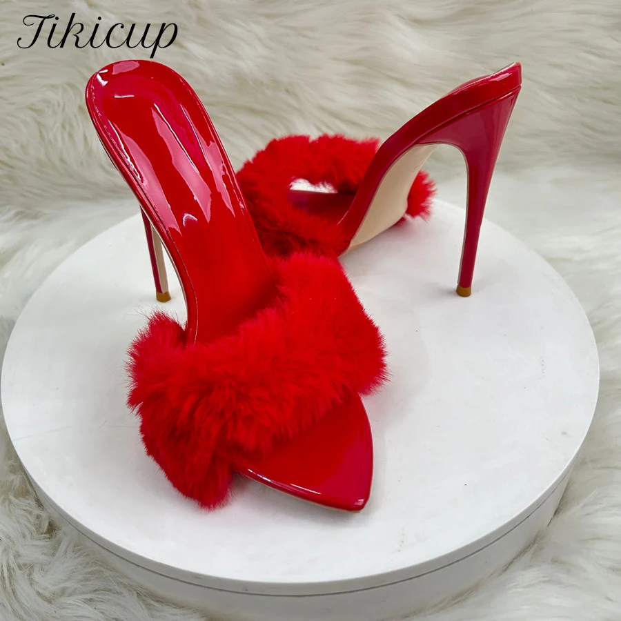 Designer Fashion Summer 12cm Sexy Pointy Toe Fur Red Party Sandals for Women High Heel Ladies Simple Half Slippers Wedding shoe