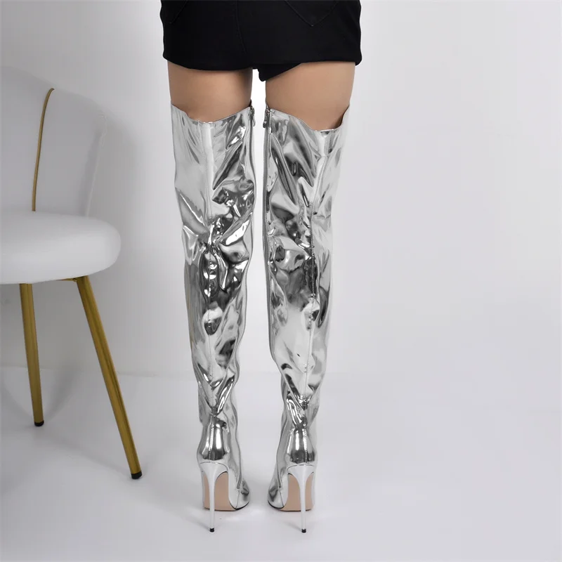 Onlymaker Women Pointed Toe Silver Stiletto Over The Knee Boots Zipper Handmade  Big Size  Female Thigh High  Boots