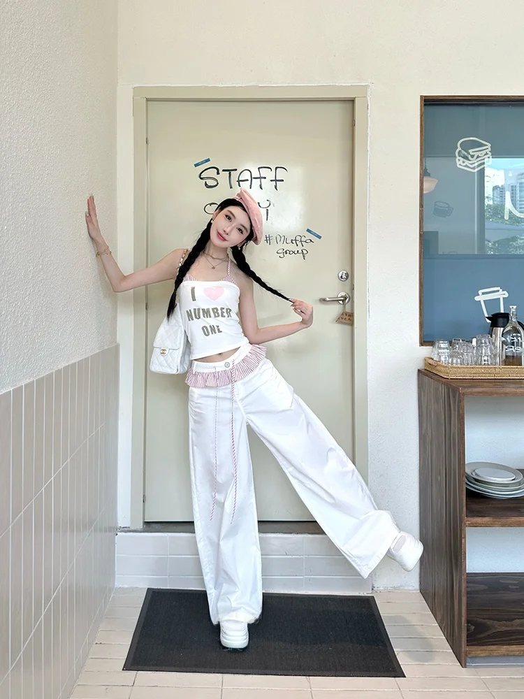 

LADIES FIRST Sweet Sle Wide Leg Pants High Waist Straight Cut Women's Summer Sweet Wind Long Trousers Cotton Blend