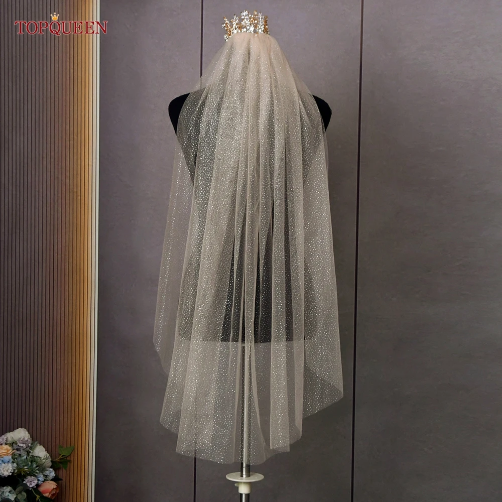TOPQUEEN V101 Champagner-Glitzer-Hochzeitsschleier, goldener, funkelnder Brautschleier, 1-stufiger Kathedralenlanger Schleier, glitzerndes Braut-Accessoire – Detail 10