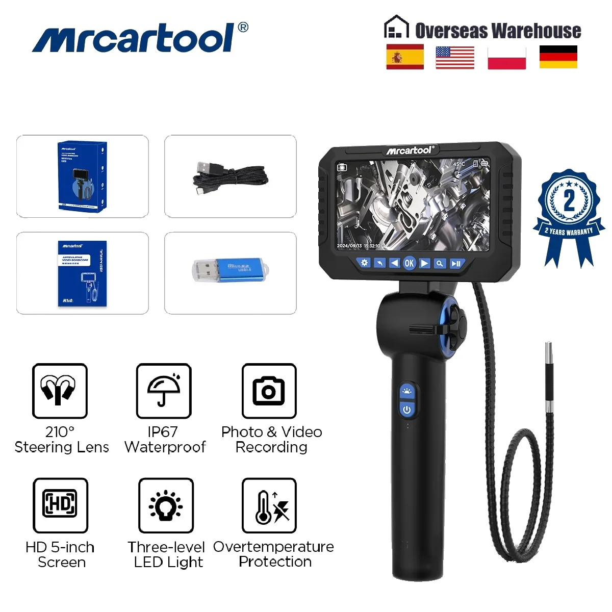 Image of MR CARTOOL N160 Gelenkiges Boreskop-Endoskop-Kamera 5 Zoll 1080P 6,25mm Linse 4-Wege-Steuerung IP67 USB-Video Autoreparaturwerkzeug