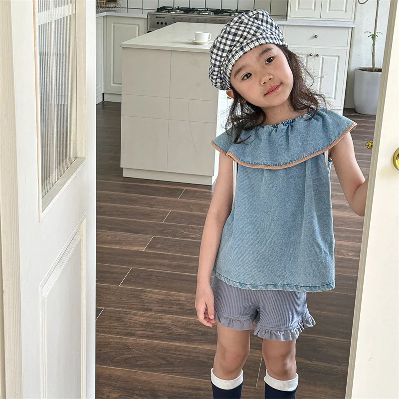 Children's Clothing Girls' Summer Clothing Korean Edition Cowboy Sleeveless Shirt Solid Color Kids Top Clothes