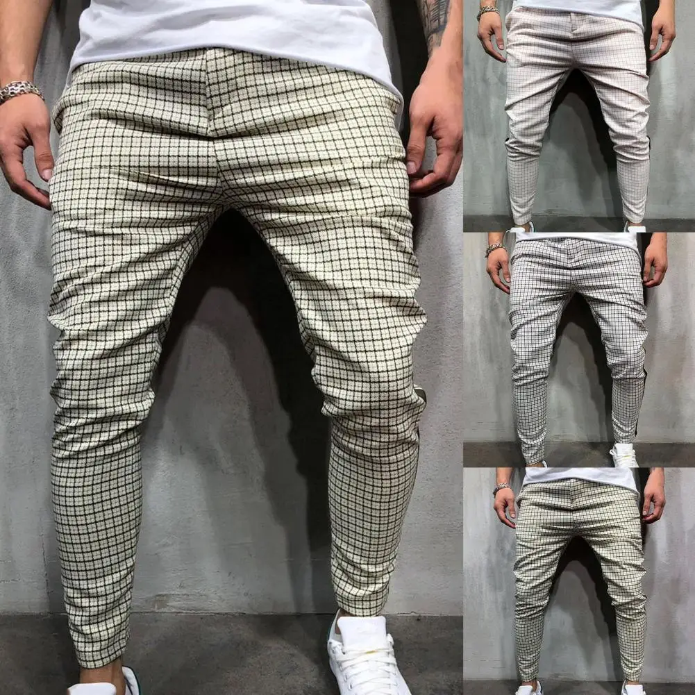 Fashion Men Pants Mid Waist Slims Fit Male Sweatpants Plaid Checkered Side Stripe Trousers Summer 2024 New Work Casual Pants