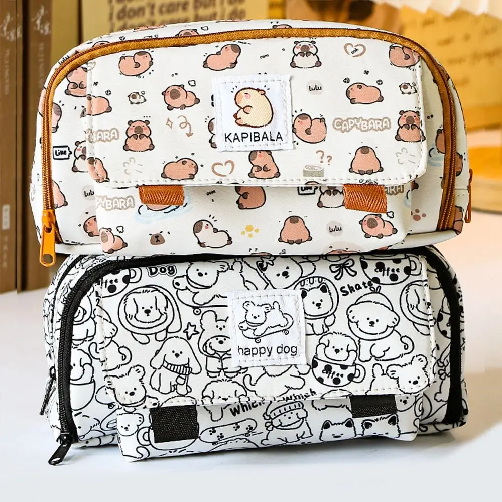 Multi Layer Capybara Stationery Bag Janpanese Canvas Large Capacity Capibara Pencil Bag Pencil Cases Cartoon Pen Pouch School