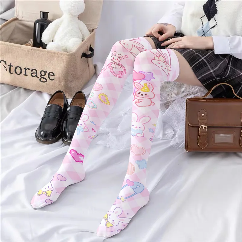 Lolita Kawaii Socks Women Over The Knee Socks Japanese Anime Harajuku Stockings Thin Leg Velvet Anime Cat Print Rabbit Socks
