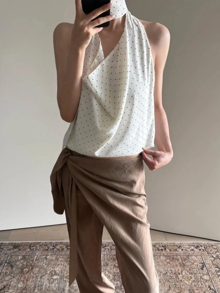 

Polka Dot Halter Neck Women Blouse Fashion Sleeveless Draped With Tie Elegant Retro Top Daily Summer Office Casual Party Wears