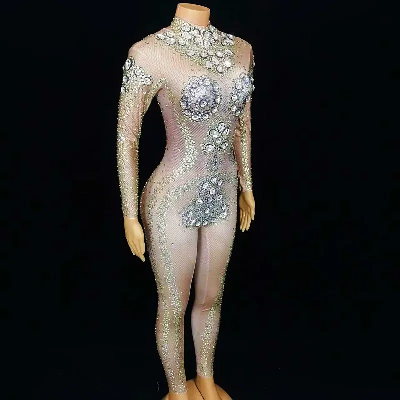 จั๊มสูทรัดรูปประดับเพชรระยิบระยับสำหรับผู้หญิงไนท์คลับนักร้องการแสดงบนเวทีเครื่องแต่งกายดีเจนักเต้นปาร์ตี้แสดงคริสตัลชุดรัดรูป