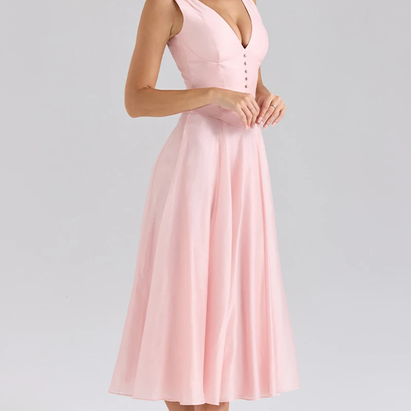 2025年夏 レディース セクシー ノースリーブ Vネック Aライン ミディ丈 エレガント ピンク ドレス パーティー ワンピース