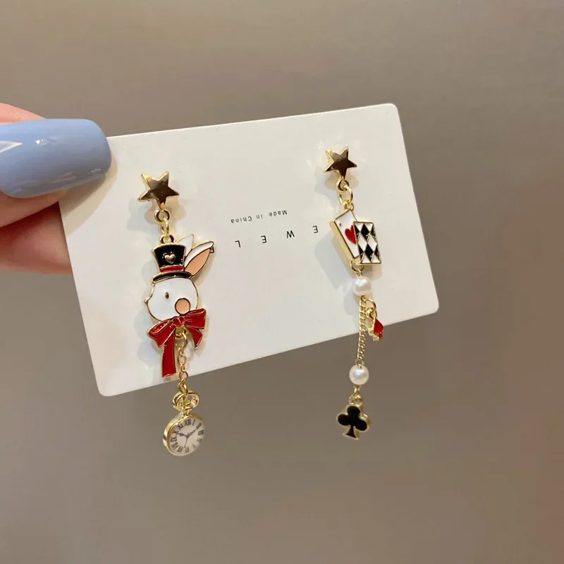 Self Designed S925 Needle Personality Funny Poker Earrings Cute Alice In Wonderland Little Rabbit Asymmetric Drop Earrings