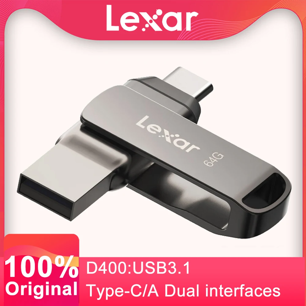 محركات Lexar 64GB Type-C ثنائية المنفذ U 128GB D400 USB 3.1 256GB 130MB/s محرك فلاش معدني للهاتف المحمول والكمبيوتر 32GB 100MB/s