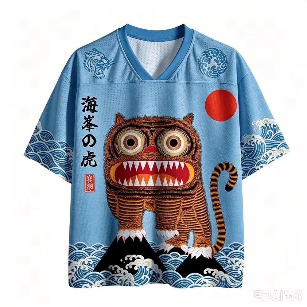Ukiyo-e Tiger Wave Japanese Graphic Mesh Jersey V Neck Short Sleeve Loose Unisex Streetwear Sports Tee For Men Women