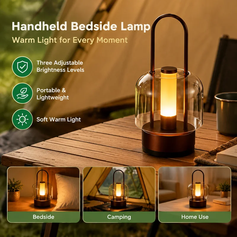 LED Table Lamp, Portable Handheld Bedside Light, Rechargeable Touch Control Metal Night Light for Bedrooms, Home and Hotel Decor