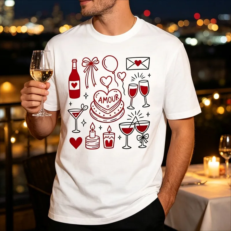 AMOUR Valentine Love Men’s Heart Party Graphic T-Shirt Soft Modal Casual Tee for Valentine Date Streetwear Gift