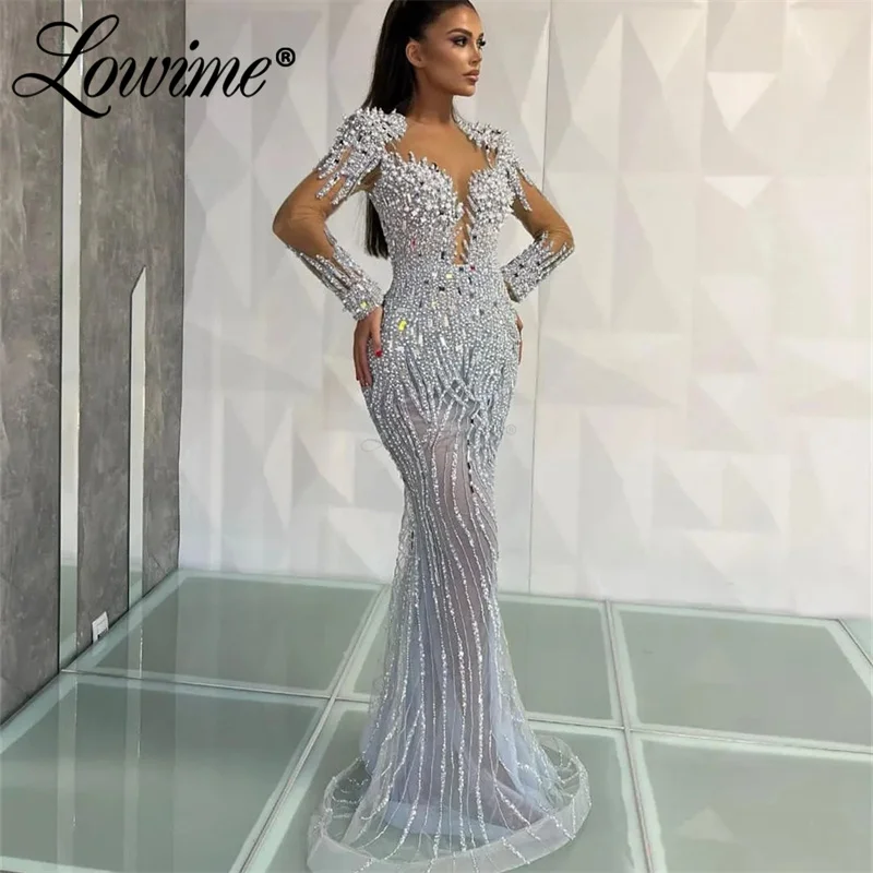 Cristalli di perline complete abiti da sera blu maniche lunghe Illusion Celebrity Dress abito da cerimonia nuziale arabo formale abiti da ballo