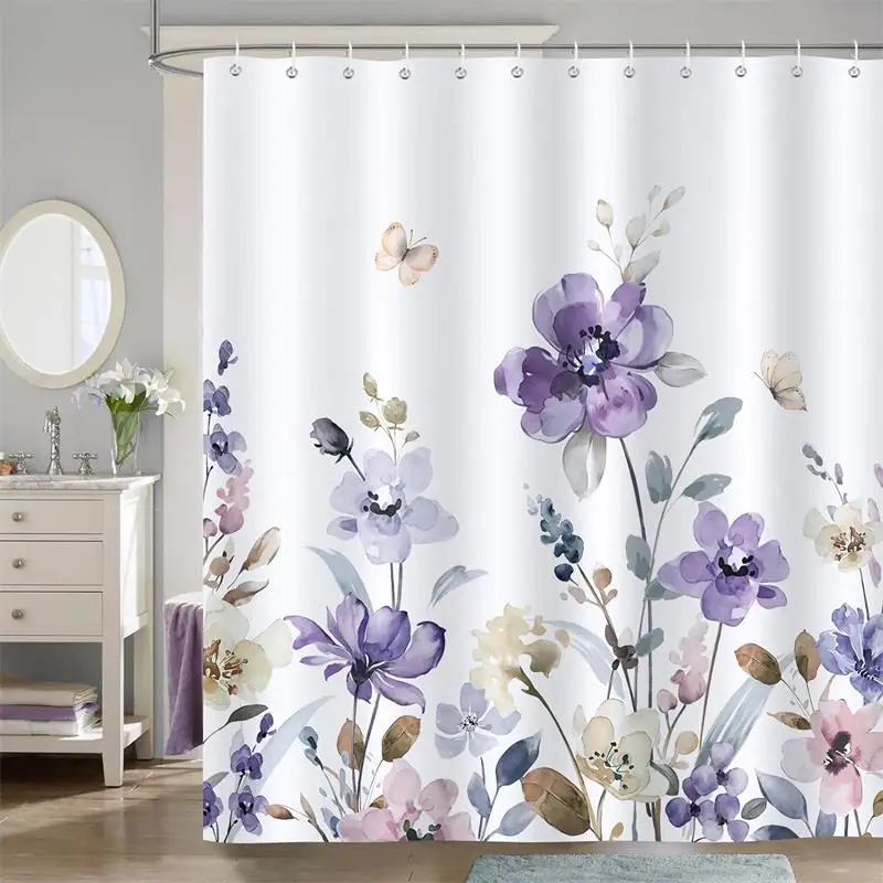 Blue Floral Shower Curtain Watercolour Plants Flowers Dandelion Modern Simple Bathroom Curtains Set Polyester Fabric Home Decor