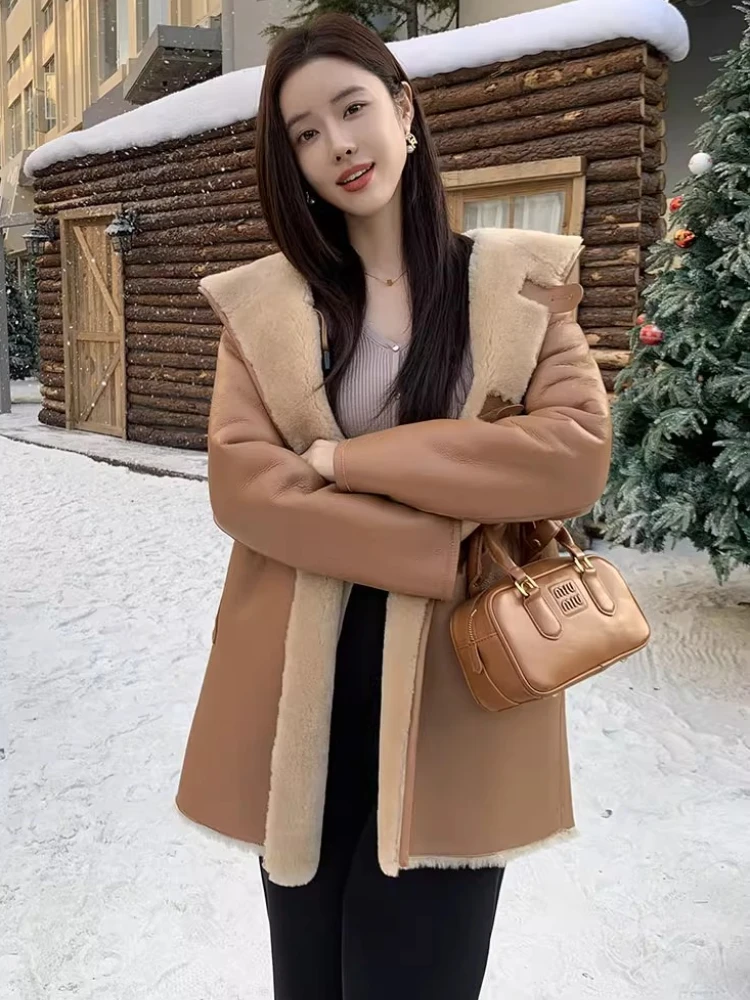 Mid-length Hooded Merino Sheep Fur Jackets Women High-end Simple Double-sided Wear Design Winter Genuine Leather Real Fur Coat