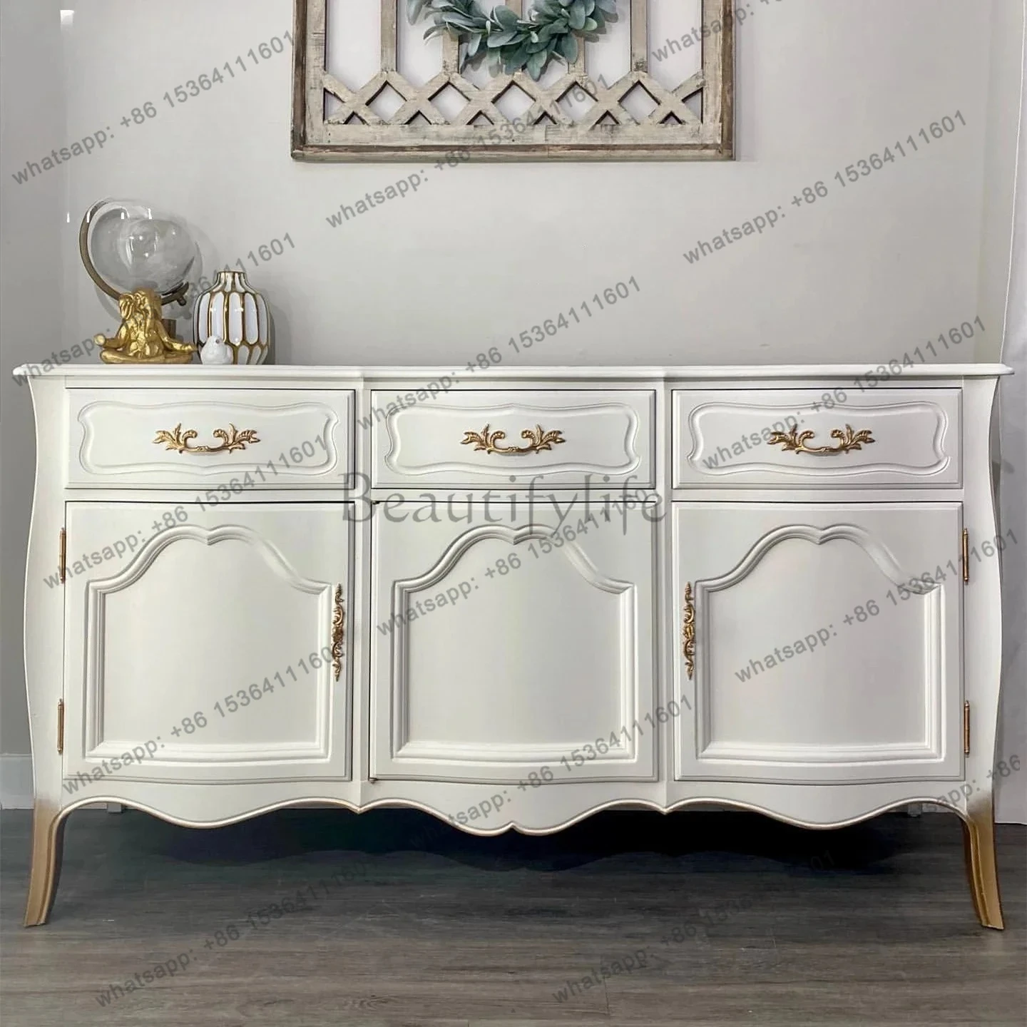 

French solid wood retro dining side cabinet American solid wood carving three doors against the wall storage cabinet