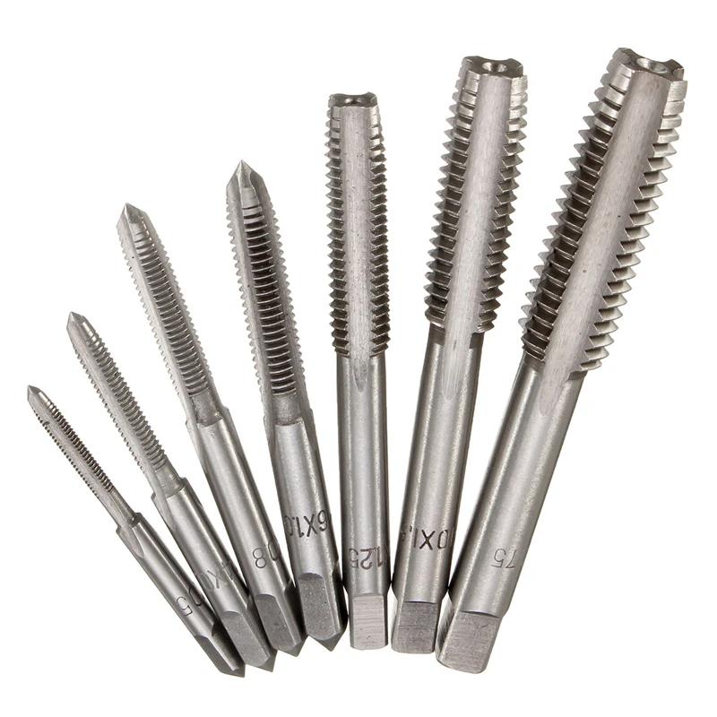 7Pcs Screw Thread Tap Set M3 M4 M5 M6 M8 M10 M12 HSS Straight Fluted Machine Straight Metric Plug Tap Drill Bits Set Hand Tools