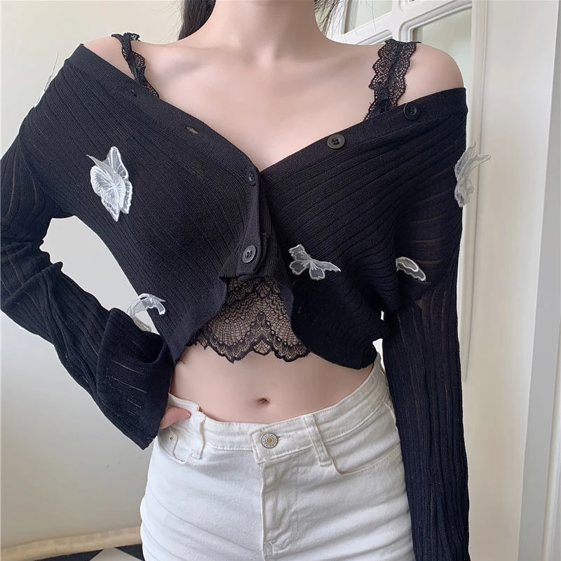 Knitted Cardigan Women 3D Butterfly Summer Thin Long Sleeved Sun-Proof Shirt Fashion Sweetheart Buttons Sexy Cropped Tops