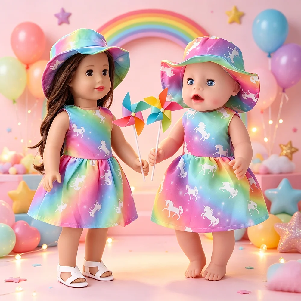 Cute Rainbow Unicorns Print Doll Dress Ours & Generation American 18 Inch Girl Doll 43 Cm Baby Dolls Clothing Accessories Skirt