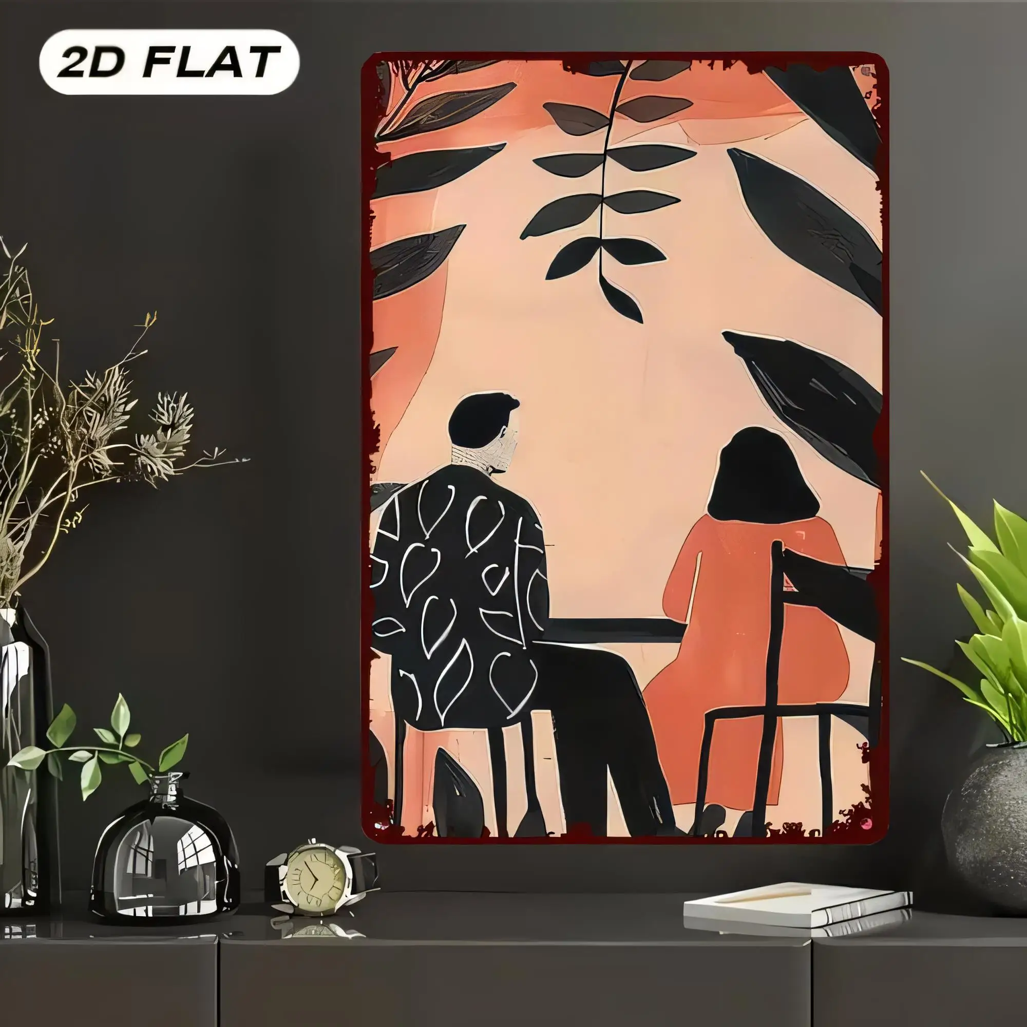 Tin Sign 2D Flat Vintage Couple Reading Together Wall Decor, Retro Minimalist Illustration Metal Sign for Living Room Bedroom Ba