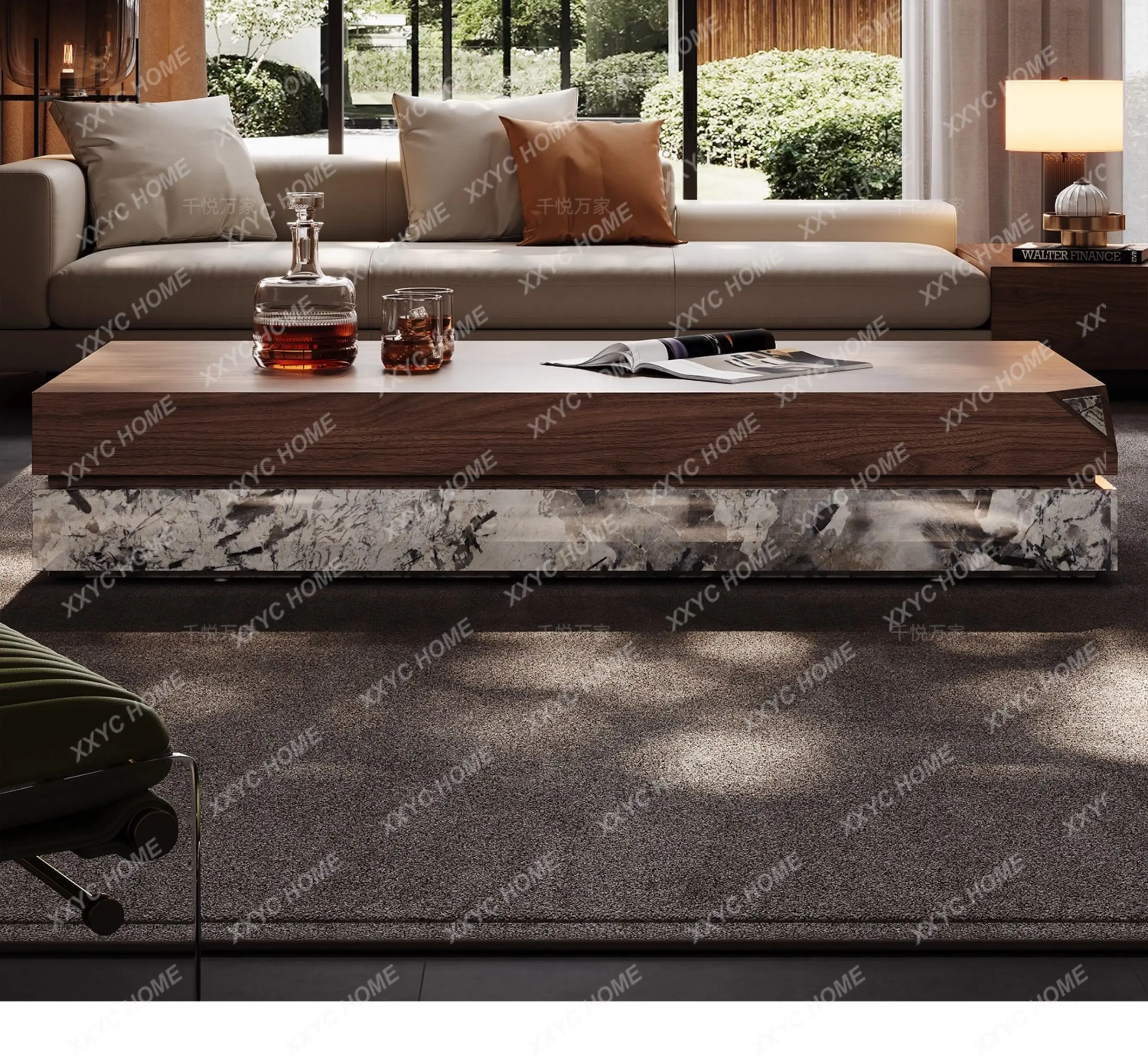 minimalist living room, luxury stone coffee table, light luxury high-end marble floor