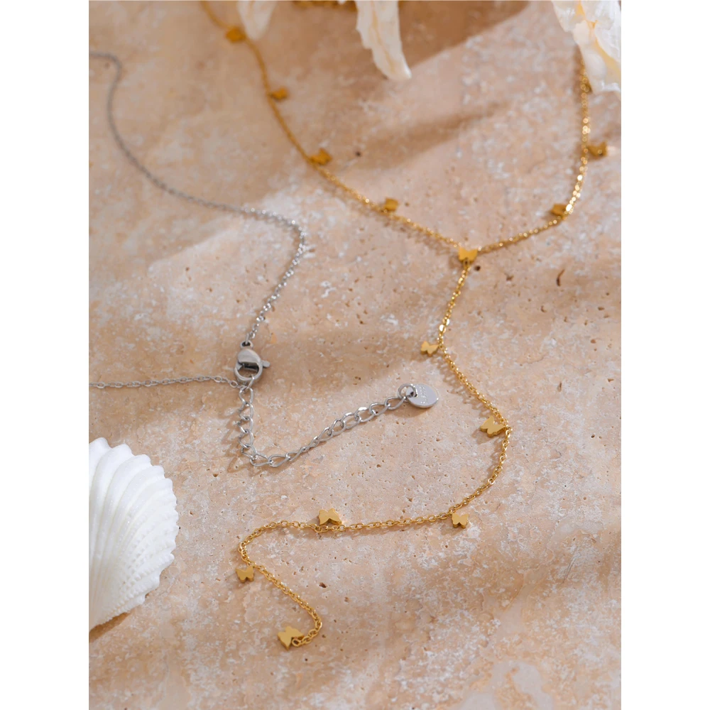 Yhpup Fashion Stainless Steel Small Butterfly Long Drop Necklace Gold Platinum PVD Plated Sexy Chic Thin Bib Chain Jewelry