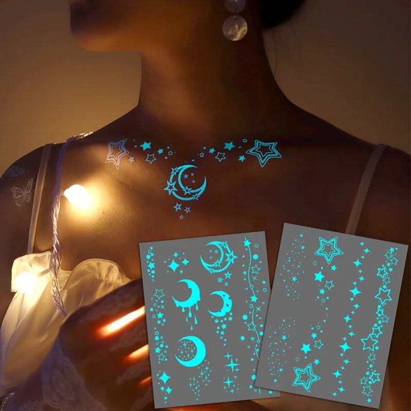 4 Sheets Blue Glow in the Dark Moon and Stars Tattoo Stickers for Women and Girls, White Design Fake Bracelet Necklace Tattoos f