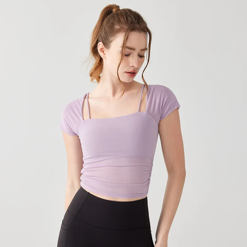 

Women's Summer Workout Top, Fake Two-Piece Long sleeve with Built-in Bra & Mesh, Quick Dry Shorts for Running & Yoga