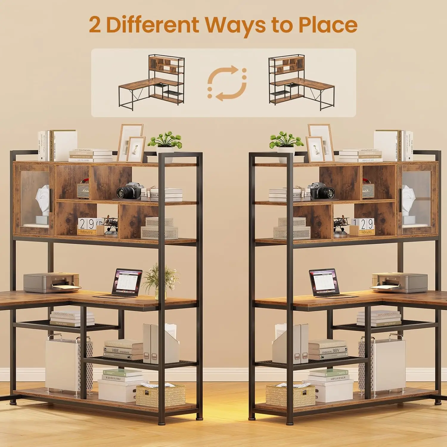 مكتب كمبيوتر على شكل حرف L، مكتب مكتب 58 بوصة مع ضوء LED ورف كتب، للمكتب المنزلي، مكتب ألعاب، مكتب L، بني ريفي #5